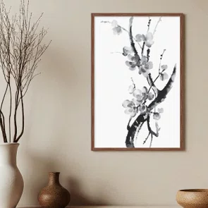 Quadro decorativo Ume Pintura de Amexeira no Estilo Sumiê