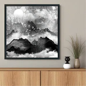 Quadro Decorativo Yama Tori Arte de Montanhas e Pássaros no Estilo Sumiê