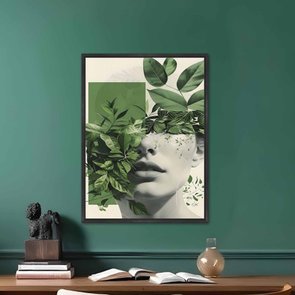 Quadro em Tela Canvas Colagem Abstrata Verde Rosto Com Folhas Quadro em Tela Canvas Colagem Abstrata Verde Rosto Com Folhas