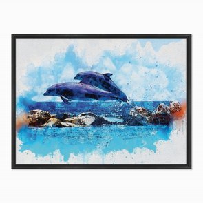 Quadro em Tela Canvas Dois Golfinhos em Aquarela Quadro em Tela Canvas Dois Golfinhos em Aquarela