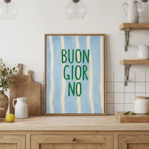 Quadro Em Tela Canvas Estilo Pintura Mid Century "Buon Giorno" em Verde, em Fundo de Padrão Listrado Azul Claro e Creme