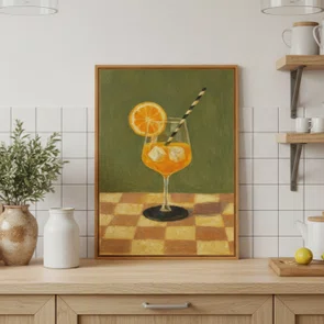 Quadro Em Tela Canvas Estilo Pintura Mid Century Composição de Coquetel Aperol Spritz Guarnecido sobre Toalha Xadrez