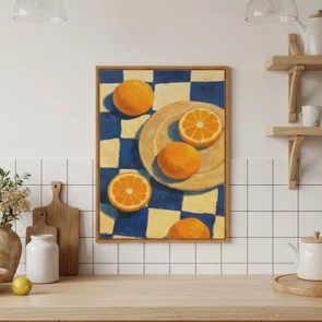 Quadro Em Tela Canvas Estilo Pintura Mid Century Composição de Laranjas no Prato e sobre o Fundo Xadrez Azul