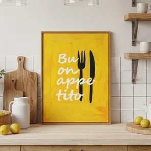 Quadro Em Tela Canvas Estilo Pintura Folk Moderno/Pop "Buon Appetito" sobre Fundo Amarelo, com Silhuetas de Talheres