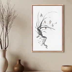 Quadro em Tela Canvas Furan Arte de Flor Ornamental Orquídea Samurai no Estilo Sumiê