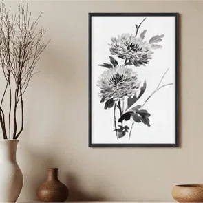 Quadro em Tela Canvas Kiku Pintura de Flor Ornamental Crisântemo no Estilo Sumiê