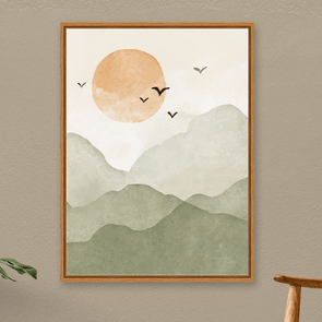 Quadro Em Tela Canvas Montanhas Com Sol E Pássaros Aquarela Estilo Japandi Quadro Em Tela Canvas Montanhas Com Sol E Pássaros Aquarela Estilo Japandi