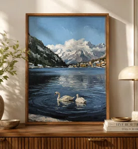 Quadro Em Tela Canvas Pintura Lago Alpino