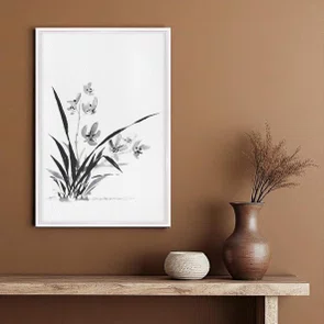 Quadro em Tela Canvas Ran Pintura de Flor Ornamental Orquídea no Estilo Sumiê