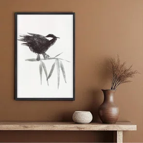 Quadro em Tela Canvas Suzume Pintura de Pardal Pousado em Folhas no Estilo Sumiê