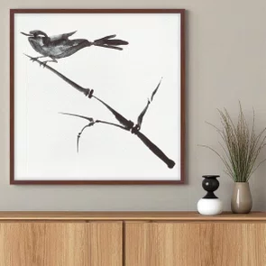 Quadro em Tela Canvas Suzume Pintura de Pardal Pousado em galho no Estilo Sumiê