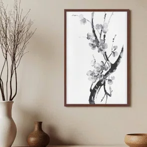 Quadro em Tela Canvas Ume Pintura de Galhos de Amexeira no Estilo Sumiê