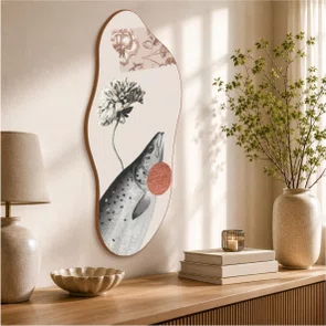 Quadro Orgânico Decorativo Colagem Abstrata Peixe e Flor