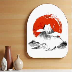 Quadro Orgânico Decorativo Fujisan Taiyo Pintura do Monte Fuji em Frente ao Sol no Estilo Sumiê com Moldura em Couro Sin