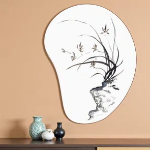 Quadro Orgânico Decorativo Furan Pintura de Flor Ornamental Orquídea do Samurai no Estilo Sumiê com Moldura em Couro Sin