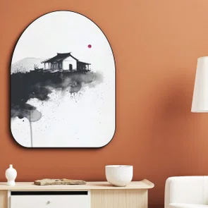 Quadro Orgânico Decorativo Ie Taiyo Pintura de Casa com o Sol ao fundo no Estilo Sumiê com Moldura em Couro Sintético