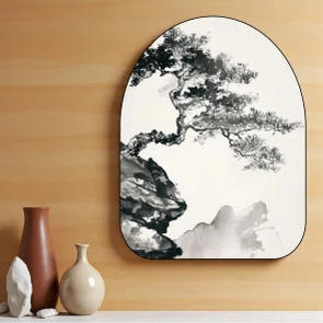 Quadro Orgânico Decorativo Ki Pintura de Árvore no Estilo Sumiê com Moldura em Couro Sintético