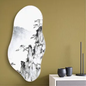 Quadro Orgânico Decorativo Ki Yama Arte de Árvores na Montanha no Estilo Sumiê com Moldura em Couro Sintético