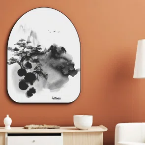 Quadro Orgânico Decorativo Ki Yama Pintura de Árvore em Frente a Montanhas no Estilo Sumiê com Moldura em Couro Sintétic