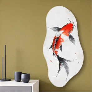 Quadro Orgânico Decorativo Koi Pintura de Carpa Nishikigoi Laranja no Estilo Sumiê com Moldura em Couro Sintético