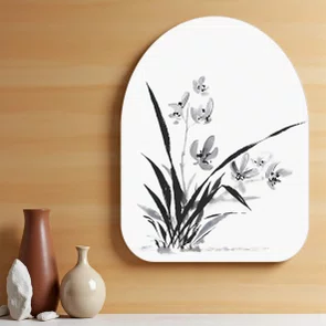 Quadro Orgânico Decorativo Ran Arte de Flor Orquídea Ornamental no Estilo Sumiê com Moldura em Couro Sintético