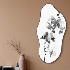 Quadro Orgânico Decorativo Ran Pintura de Flor Ornamental Orquídea no Estilo Sumiê com Moldura em Couro Sintético