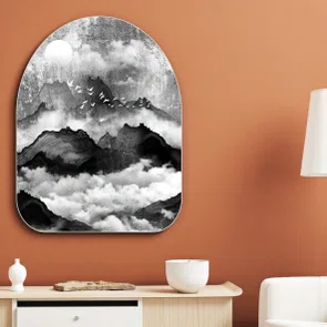 Quadro Orgânico Decorativo Tori Yama Pintura de Montanhas e Pássaros no Estilo Sumiê com Moldura em Couro Sintético