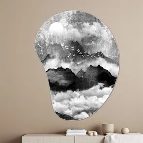 Quadro Orgânico Decorativo Tori Yama Pintura de Montanhas e Pássaros  no Estilo Sumiê com Moldura em Couro Sintético