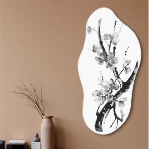Quadro Orgânico Decorativo Ume Pintura de Galhos de Amexeira no Estilo Sumiê com Moldura em Couro Sintético com Moldura