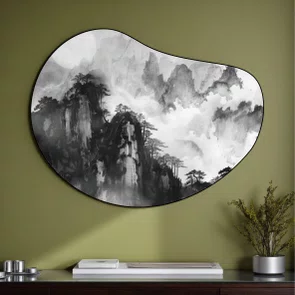 Quadro Orgânico Decorativo Yama Pintura de Montanha no Estilo Sumiê com Moldura em Couro Sintético