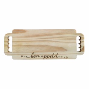 Tábua para Servir Frios Bon Appetit em Madeira de Pinus Natural com Pegador Duplo Gravação a Laser e Óleo Mineral Tábua para Servir Frios Bon Appetit em Madeira de Pinus Natural com Pegador Duplo Gravação a Laser e Óleo Mineral