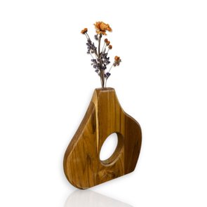 Vaso de Madeira Teca Ornamento Oval para Flores Secas e Plantas Artificiais Estilo Japandi