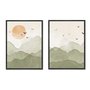 Kit 2 Quadros Em Tela Canvas Montanhas Com Sol E Pássaros Aquarela Estilo Japandi