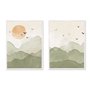 Kit 2 Quadros Em Tela Canvas Montanhas Com Sol E Pássaros Aquarela Estilo Japandi