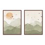 Kit 2 Quadros Em Tela Canvas Montanhas Com Sol E Pássaros Aquarela Estilo Japandi