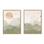 Kit 2 Quadros Em Tela Canvas Montanhas Com Sol E Pássaros Aquarela Estilo Japandi