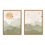 Kit 2 Quadros Em Tela Canvas Montanhas Com Sol E Pássaros Aquarela Estilo Japandi