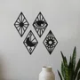 Kit 4 Apliques Decorativo de Parede em MDF Preto Vazado Arte Geométrica com Losangos, Olho Místico, Sol e Lua