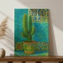 Placa Decorativa Cacto Ornamental em Vaso Maiólica Contra Parede de Azulejos Azul-Turquesa