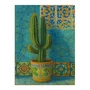 Placa Decorativa Cacto Ornamental em Vaso Maiólica Contra Parede de Azulejos Azul-Turquesa