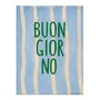 Placa Decorativa Estilo Pintura Mid Century "Buon Giorno" em Verde, em Fundo de Padrão Listrado Azul Claro e Creme