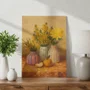 Placa Decorativa Estilo Pintura Mid Century Composição de Arranjo Floral em Três Vasos Listrados e Maçã com Pincelada