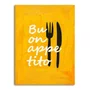Placa Decorativa Estilo Pintura Mid Century "Buon Appetito" sobre Fundo Amarelo, com Silhuetas de Talheres