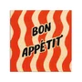 Placa Decorativa Estilo Pintura Retrô Pop "Bon Appétit" em Fundo de Ondas Vermelhas e Creme com Textura de Pinceladas