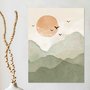 Placa Decorativa Montanhas Com Sol E Pássaros Aquarela Estilo Japandi