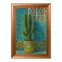 Quadro Decorativo Cacto Ornamental em Vaso Maiólica Contra Parede de Azulejos Azul-Turquesa