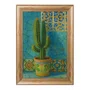 Quadro Decorativo Cacto Ornamental em Vaso Maiólica Contra Parede de Azulejos Azul-Turquesa