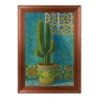 Quadro Decorativo Cacto Ornamental em Vaso Maiólica Contra Parede de Azulejos Azul-Turquesa