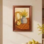Quadro Decorativo Estilo Pintura Moderna Arranjo de Flores Amarelas em Vaso Listrado, Pêras e Cadeira de Palha em Paleta de Tons Terrosos