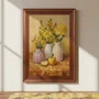 Quadro Decorativo Estilo Pintura Folk Moderna Composição de Arranjo Floral em Três Vasos Listrados e Maçã